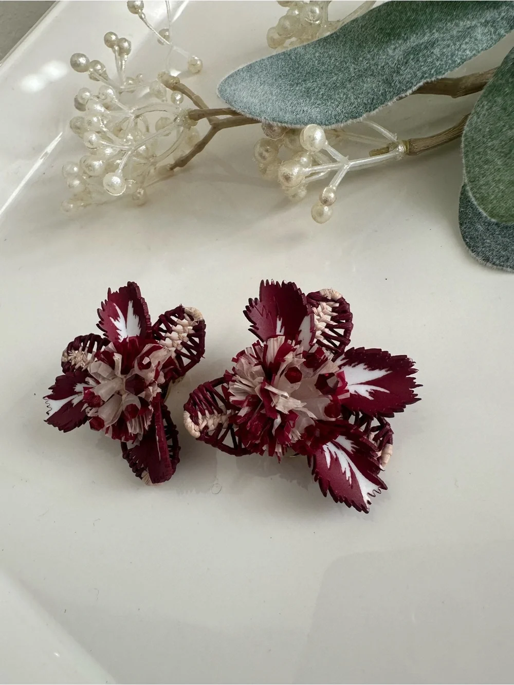 Oscar de la Renta Tropical Flower Earrings Burgundy Red Clip On